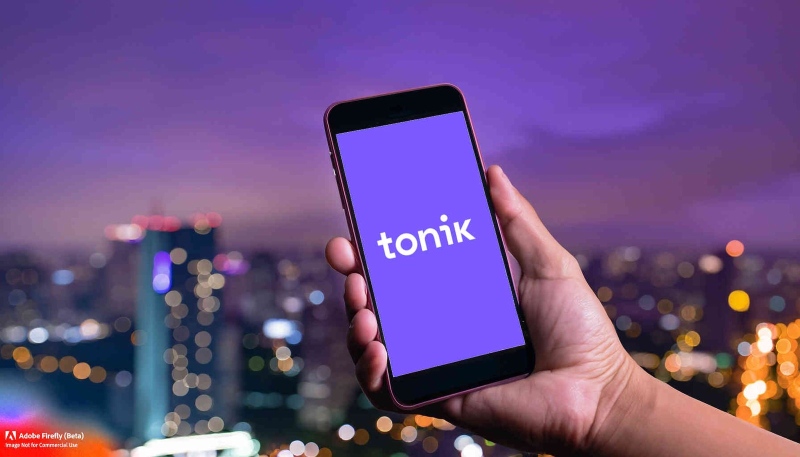 Hand holding a phone displaying Tonik logo