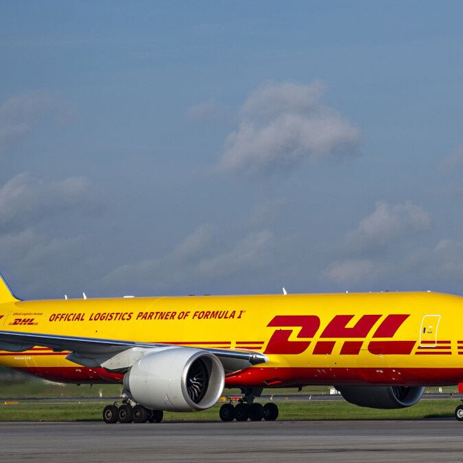 The first DHL x Formula One co-branded Boeing 777 landing at Changi Airport, Singapore